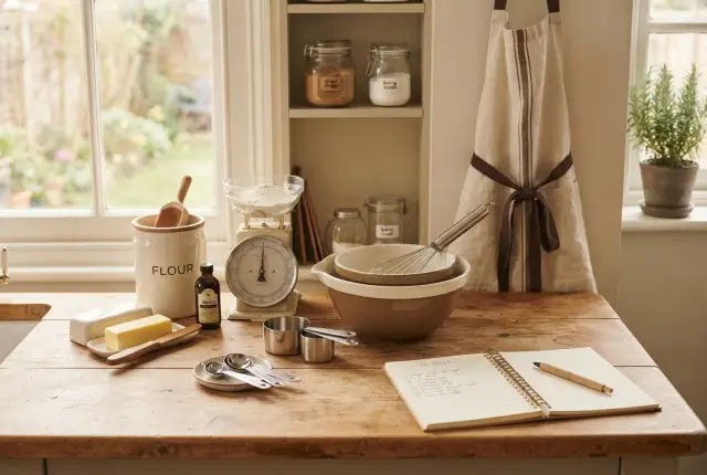 Mesada de cocina organizada con bowls, balanza y cuaderno