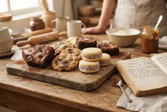 Brownies, cookies y alfajores junto a un cuaderno de recetas